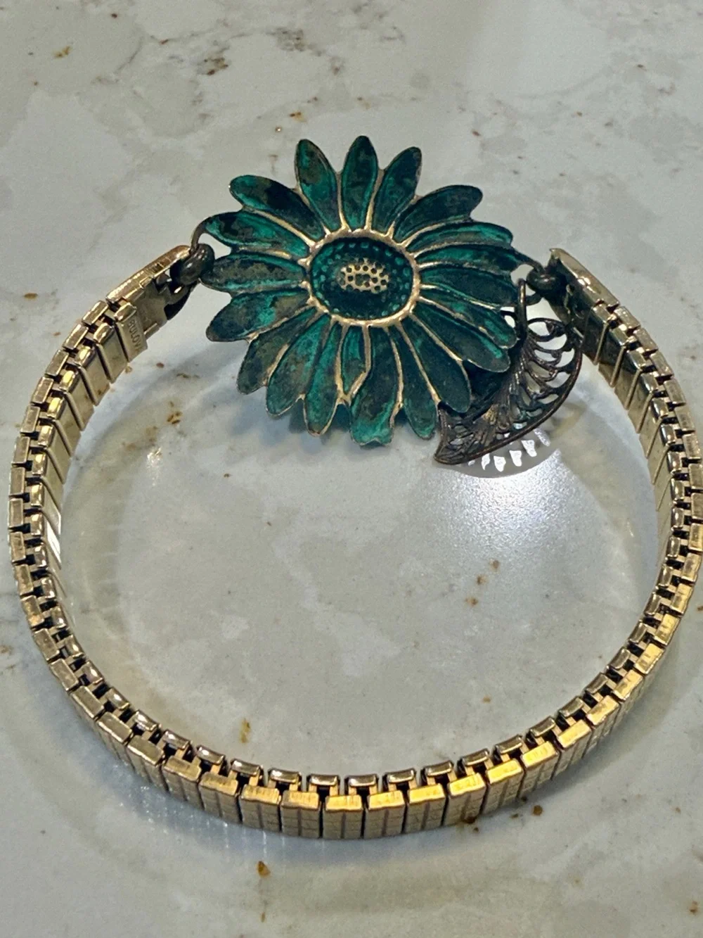 Antique Gold Floral Bracelet with Turquoise Patina Accents